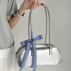 silver shoulder bag with gingham bow boogzel clothing
