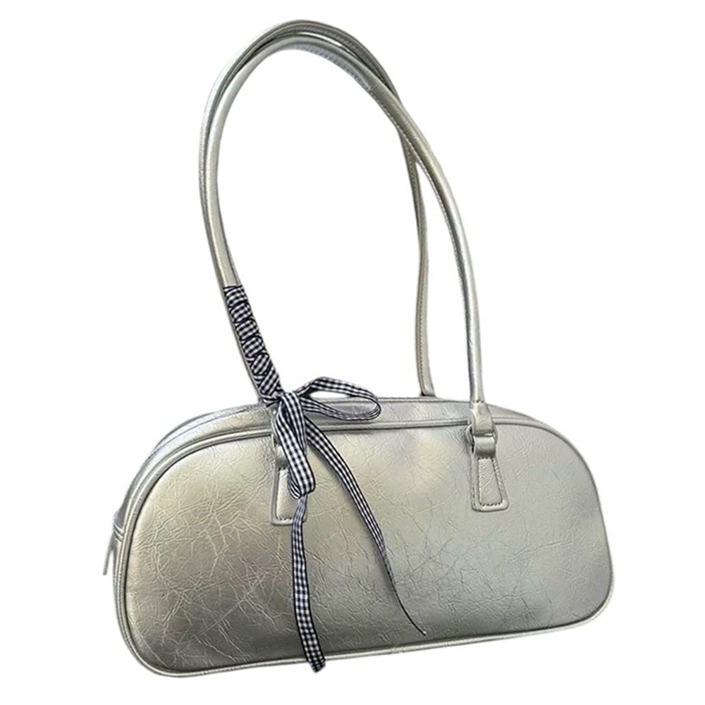 silver shoulder bag with gingham bow boogzel clothing