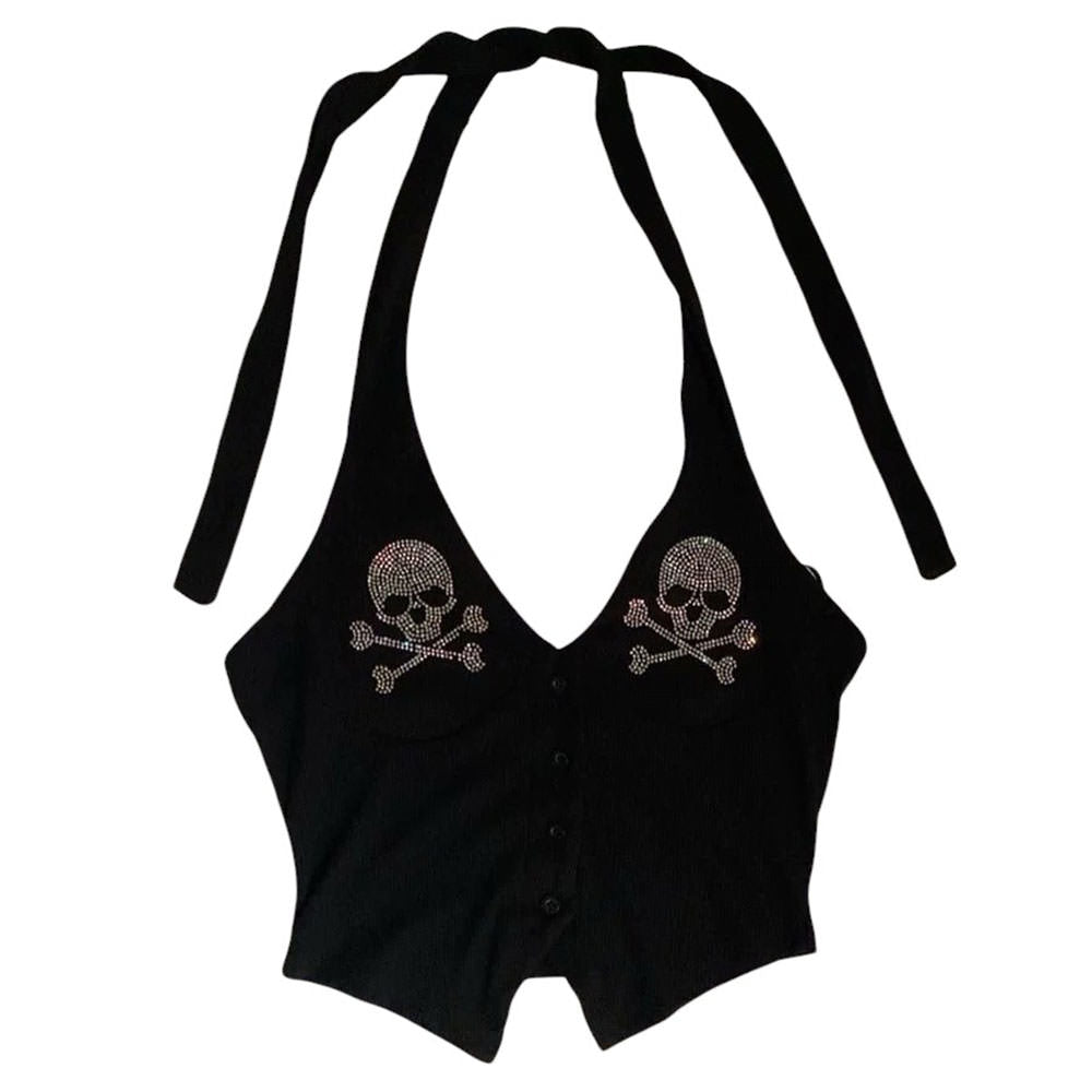 emo girl skull rhinestone halter top boogzel clothing