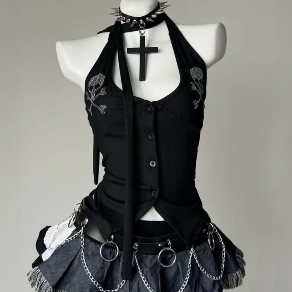 skull rhinestone halter top boogzel clothing