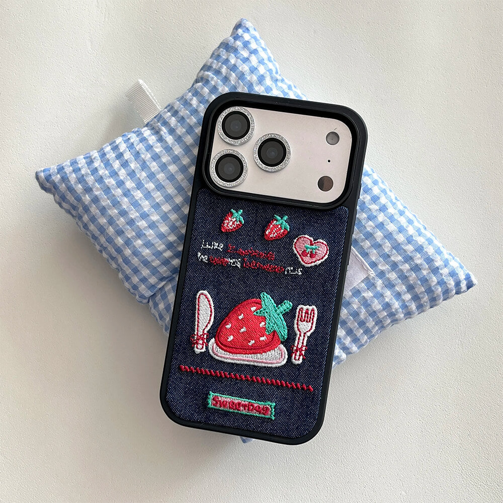 strawberry embroidery denim iphone case boogzel clothing