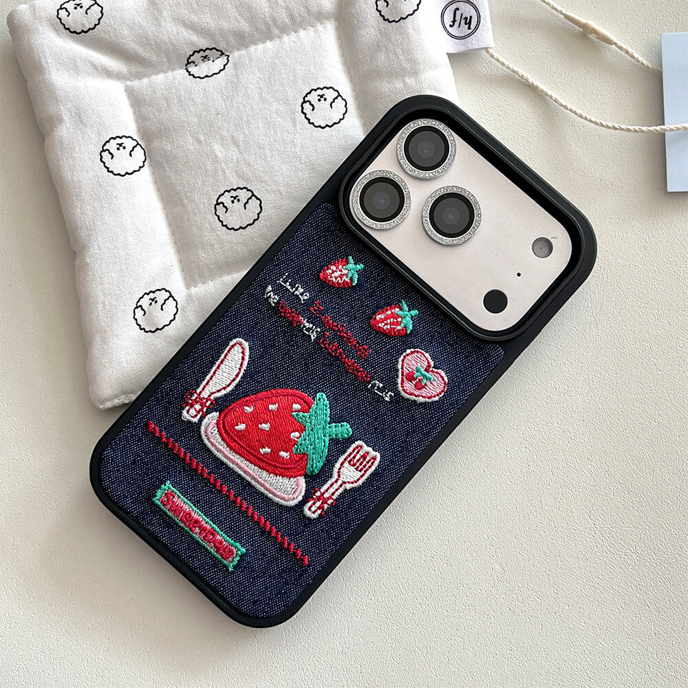 strawberry embroidery denim iphone case boogzel clothing