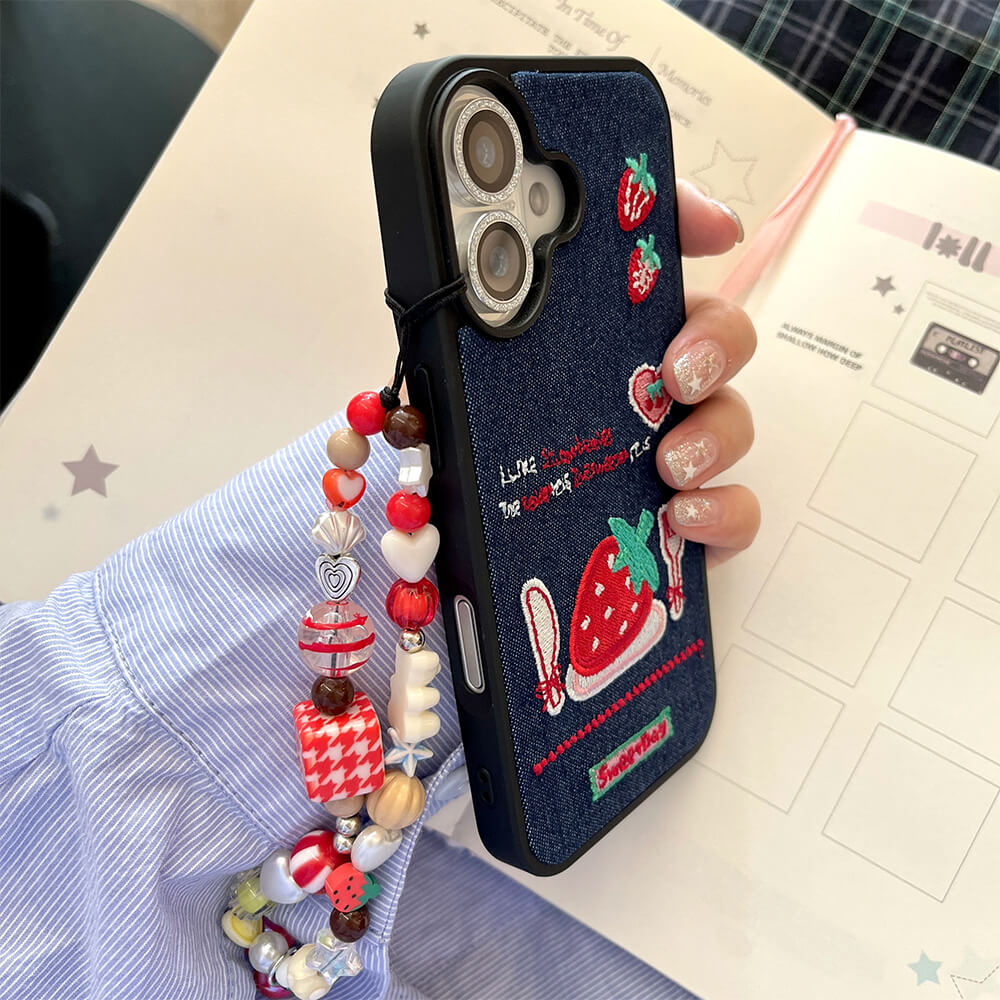 strawberry embroidery denim iphone case boogzel clothing