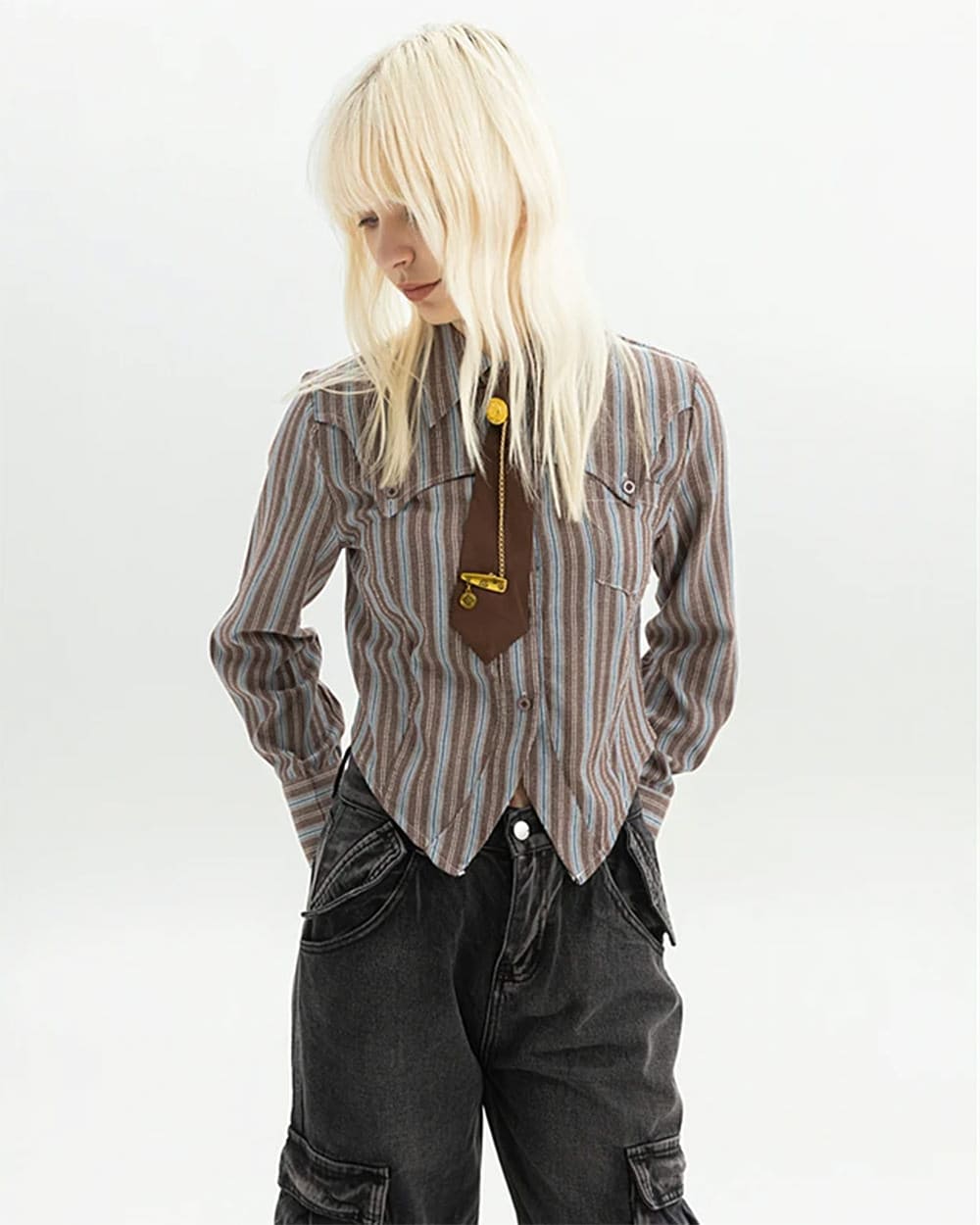 striped cropped shirt with tie boogzel clothing