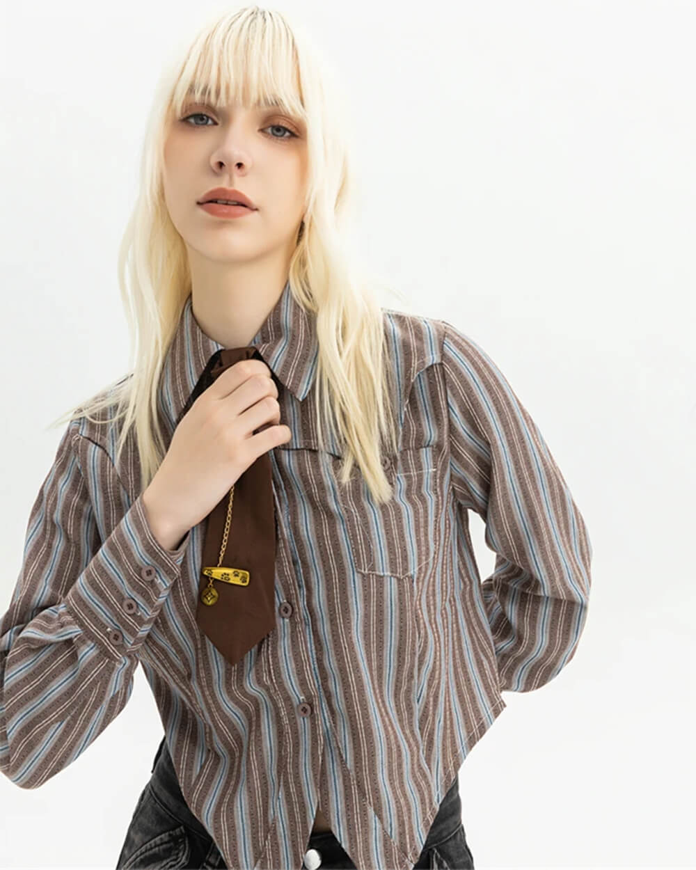 striped cropped shirt with tie boogzel clothing