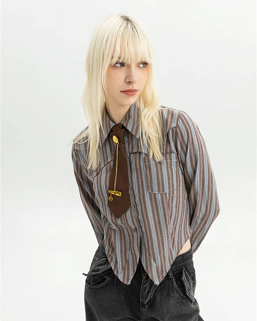 striped cropped shirt with tie boogzel clothing