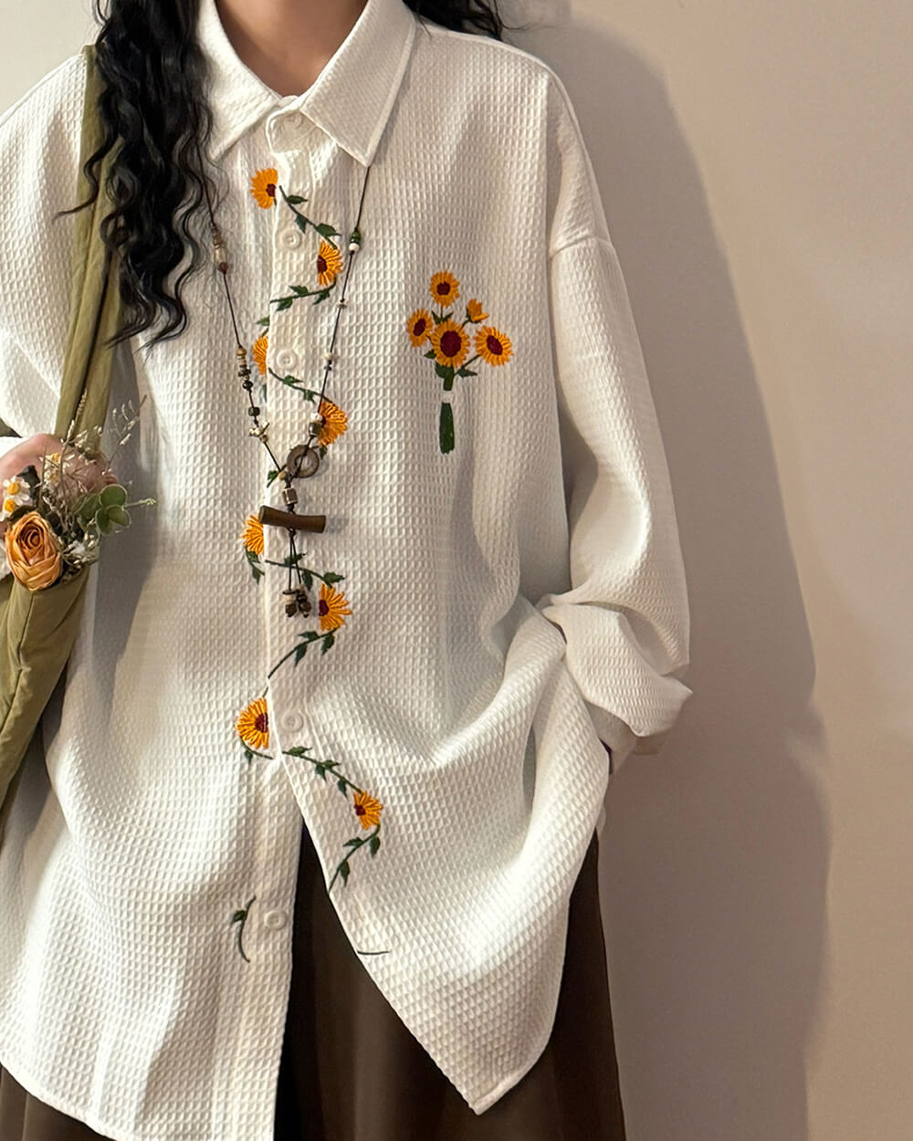 sunflower embroidery oversized shirt boogzel clothing
