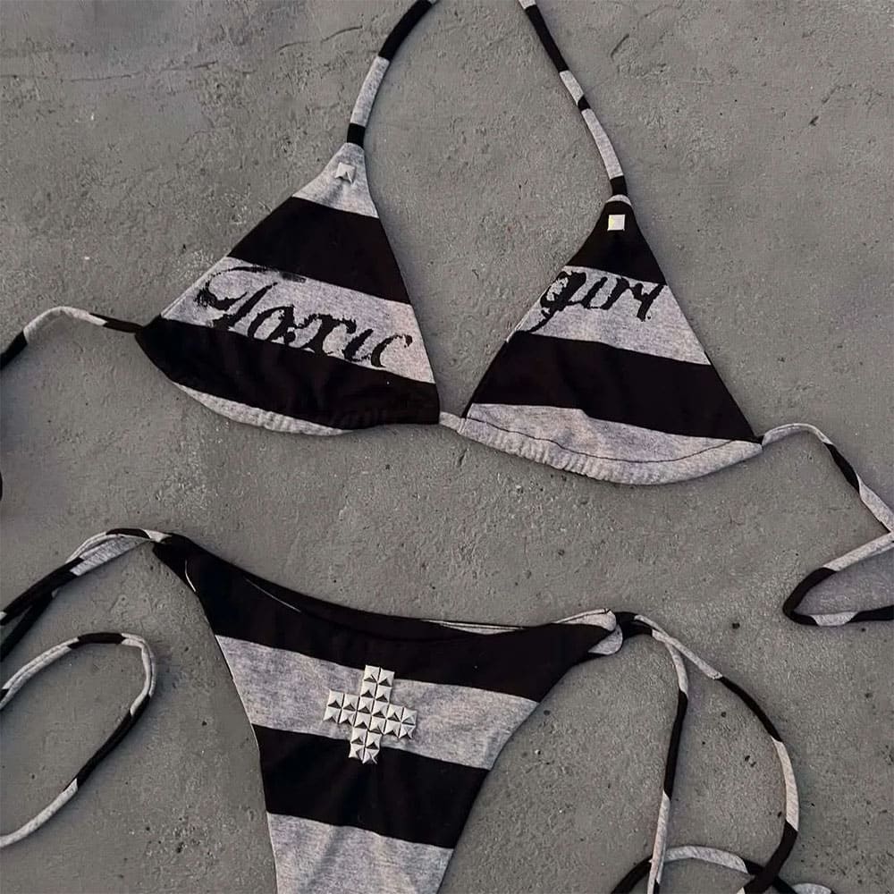 toxic girl striped bikini set boogzel clothing