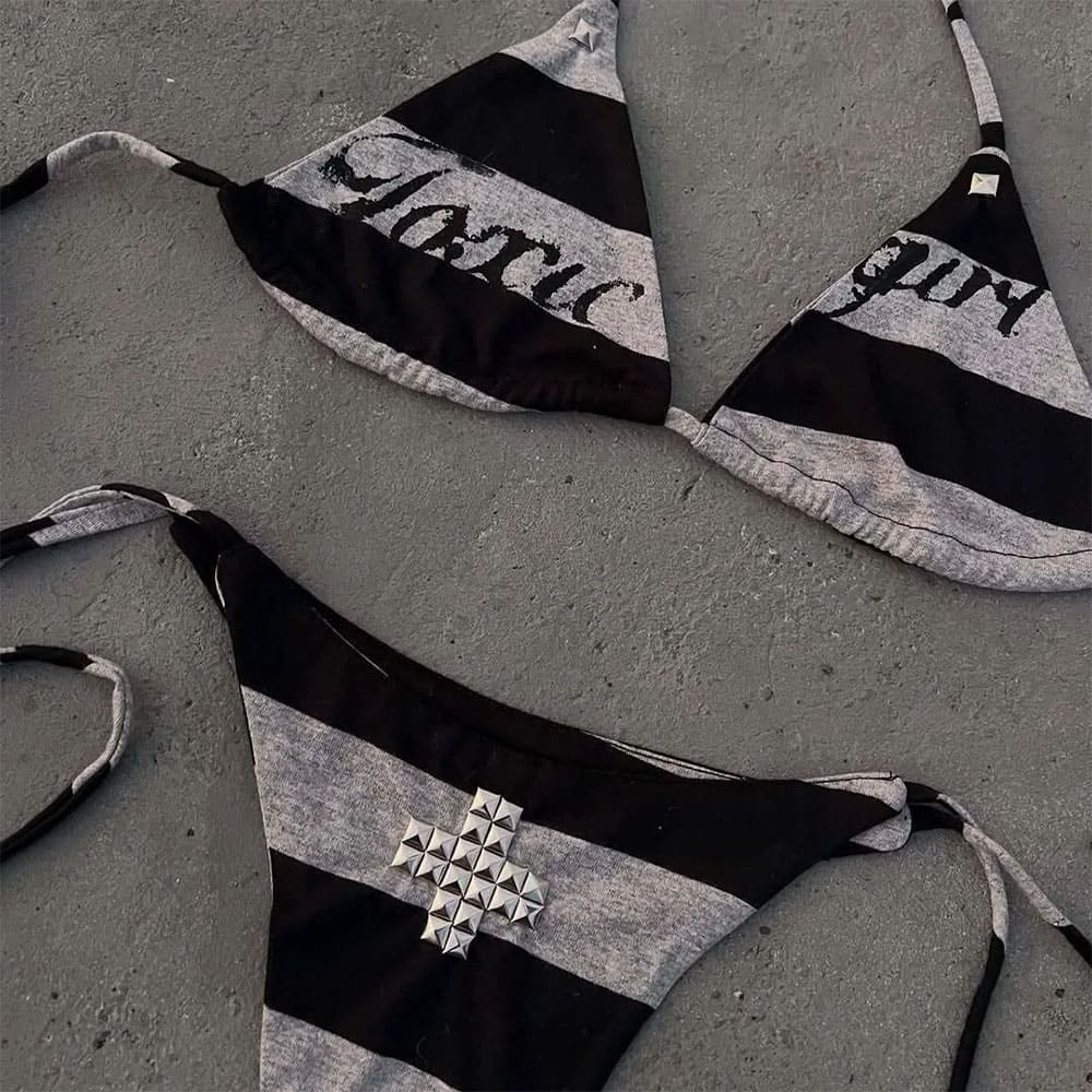 toxic girl striped bikini set boogzel clothing