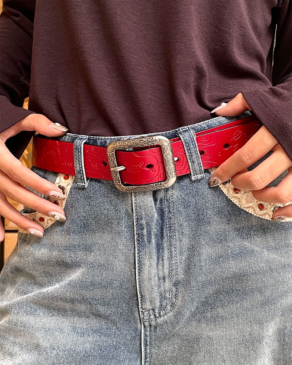vintage rose pattern leather belt boogzel clothing