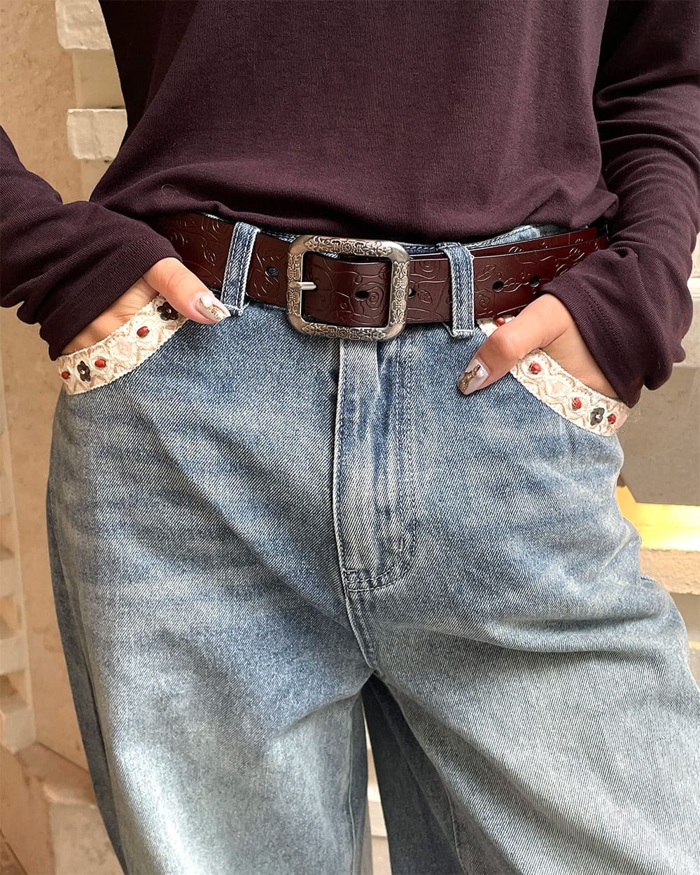 vintage rose pattern leather belt boogzel clothing