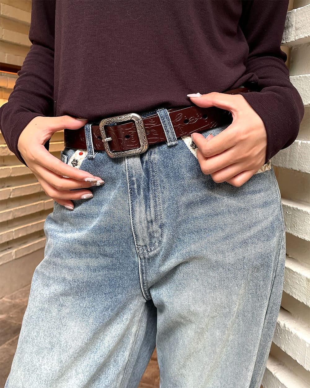 vintage rose pattern leather belt boogzel clothing