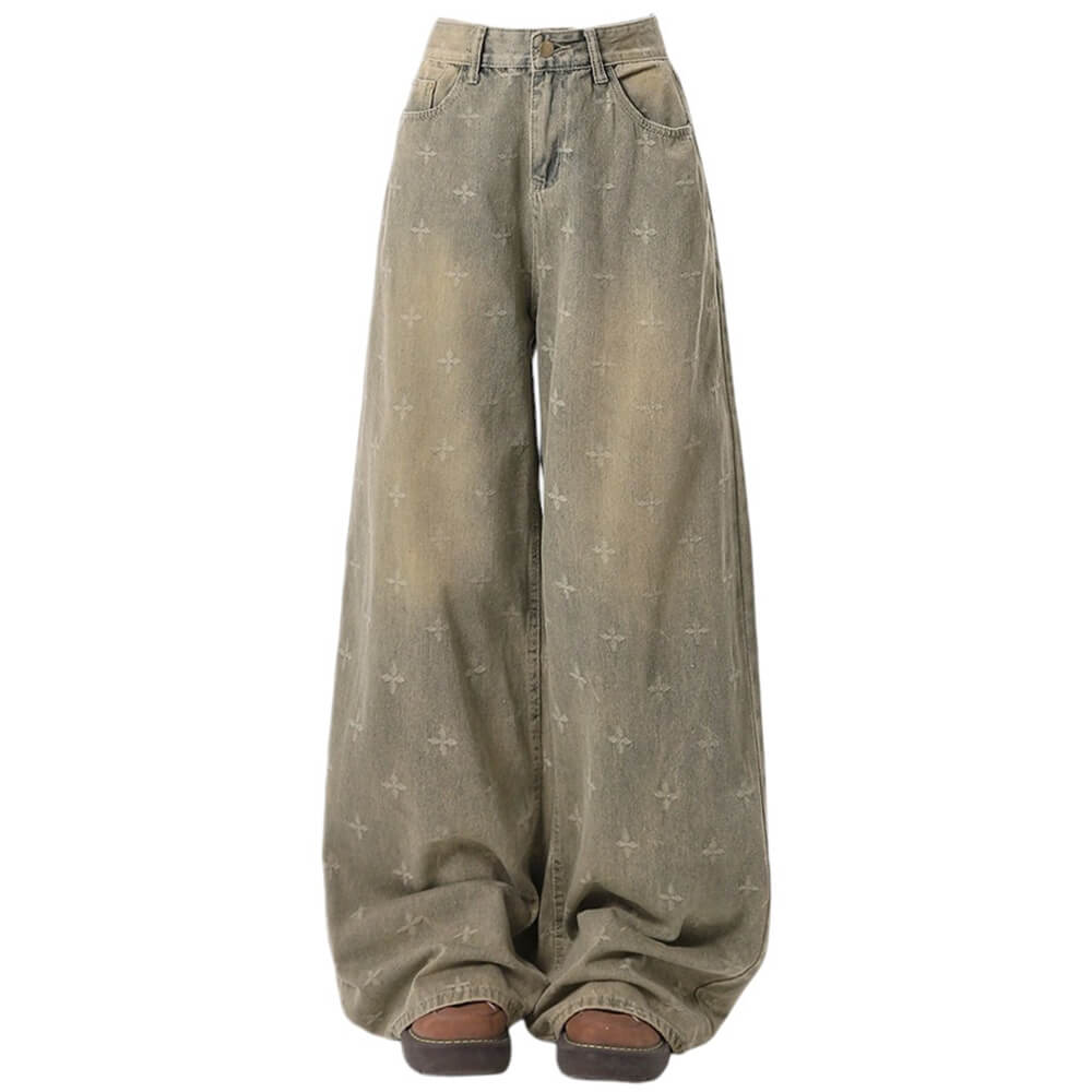washed cross print wide leg jeans boogzel clothing