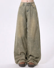 washed cross print wide leg jeans boogzel clothing