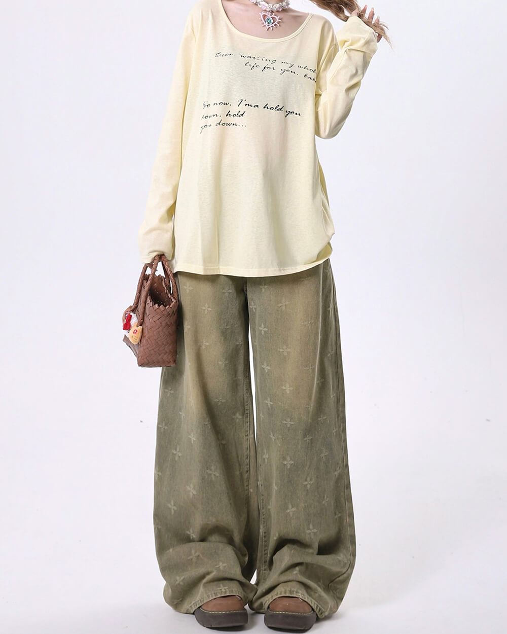 washed cross print wide leg jeans boogzel clothing