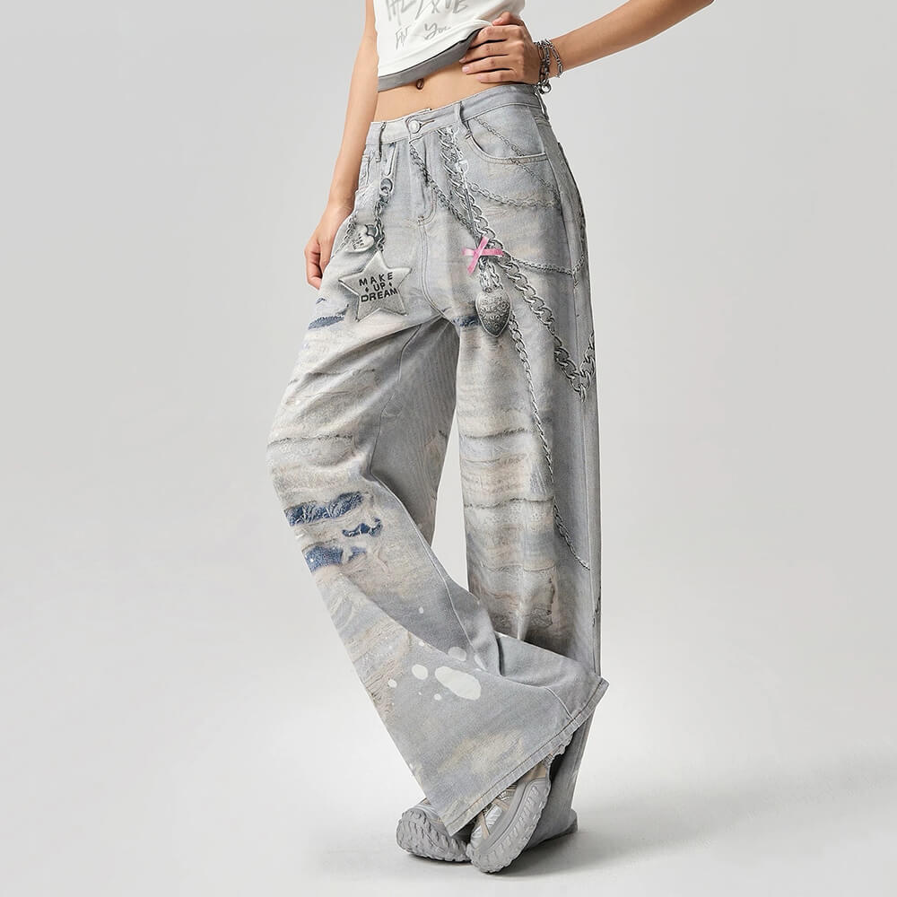 washed grey y2k chain print jeans boogzel clothing