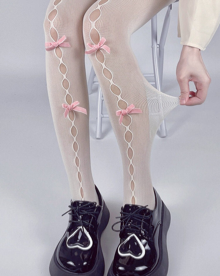 white tights with pink bows, coquette aesthetic tights boogzel clothing