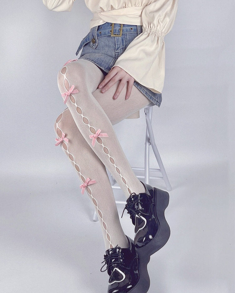white tights with pink bows, coquette aesthetic tights boogzel clothing