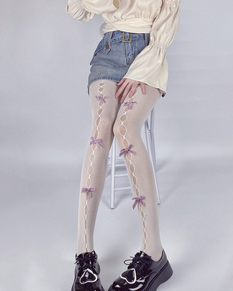 white tights with pink bows, coquette aesthetic tights boogzel clothing