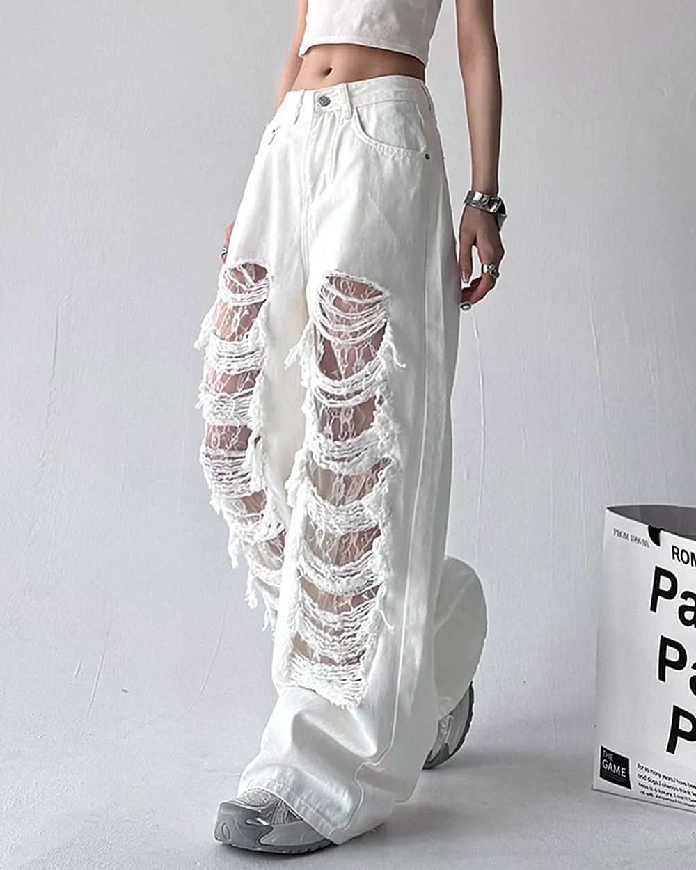 white ripped lace baggy jeans boogzel clothing