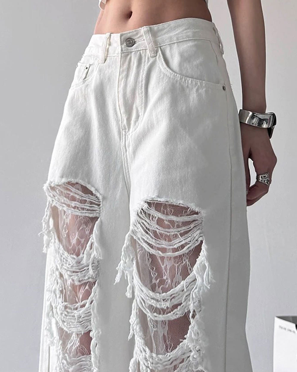 white ripped lace baggy jeans boogzel clothing