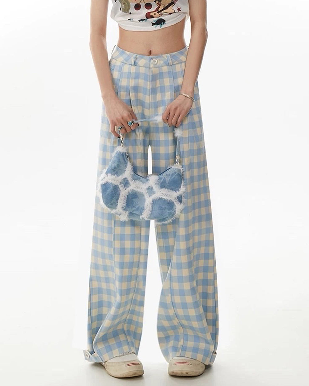 wide leg blue gingham trousers boogzel clothing