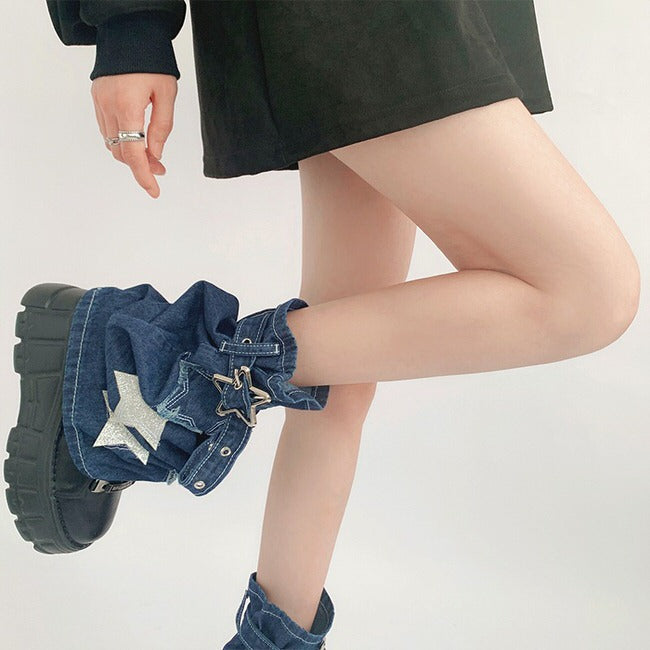 These Y2K Aesthetic Leg Warmers feature a denim construction, a star buckle closure, and glitter star design all over - Boogzel Clothing
