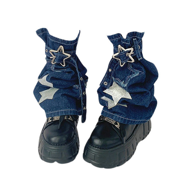 These Y2K Aesthetic Leg Warmers feature a denim construction, a star buckle closure, and glitter star design all over - Boogzel Clothing