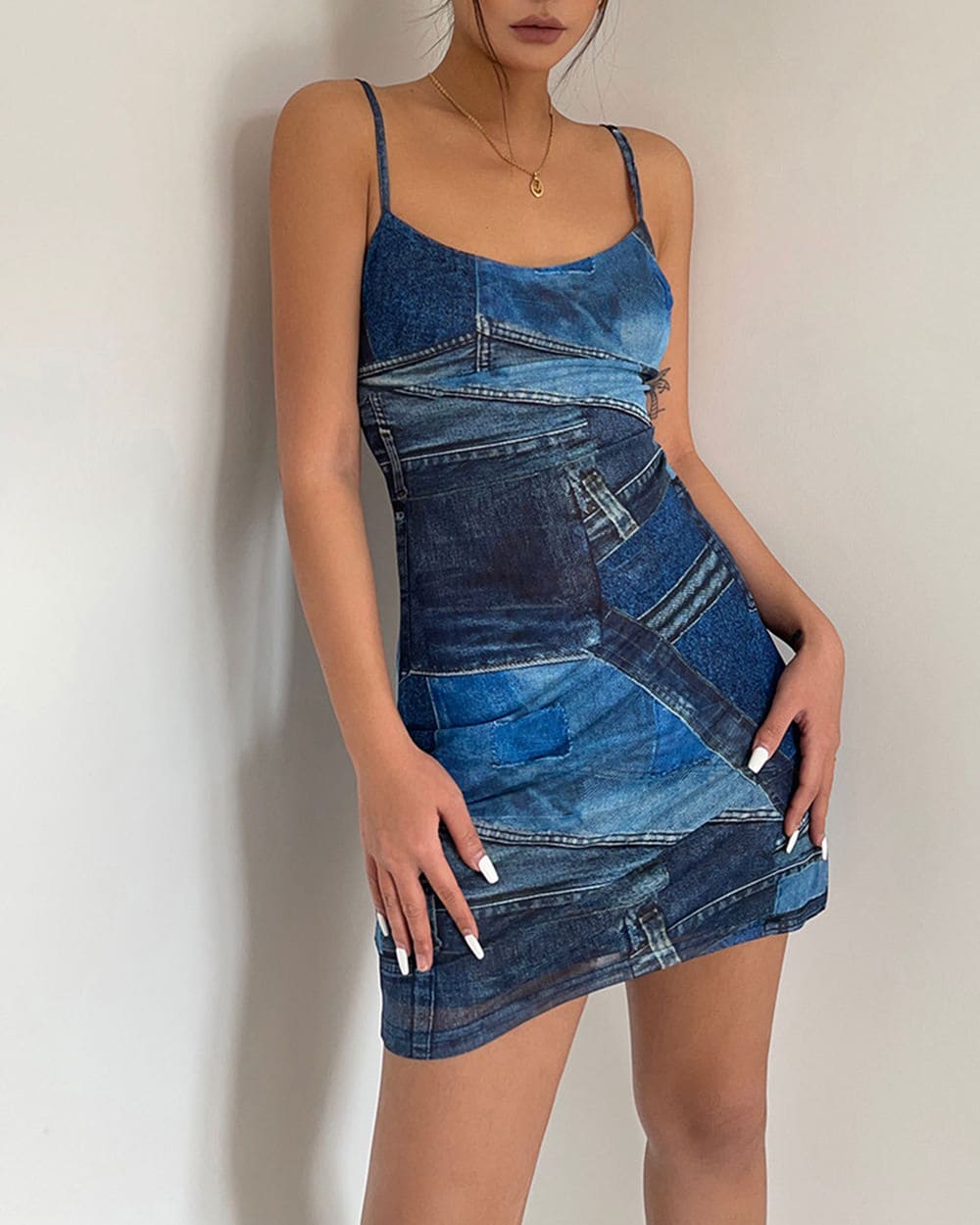 y2k denim print mini dress boogzel clothing