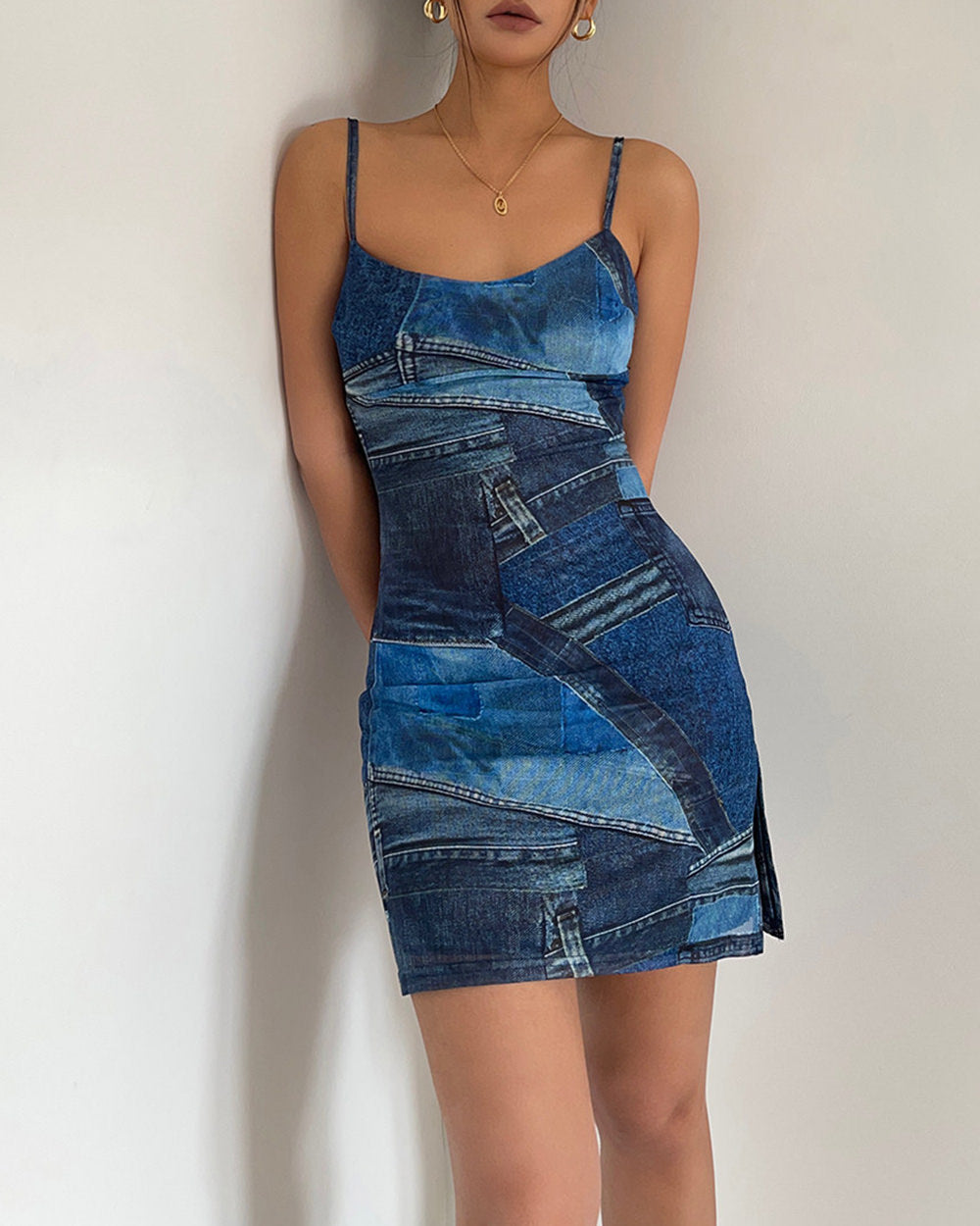 y2k denim print mini dress boogzel clothing