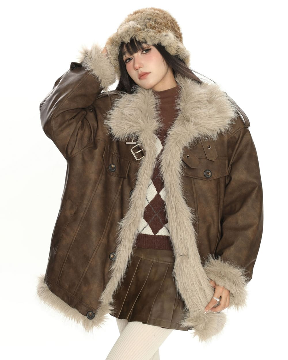y2k fur trim aviator jacket boogze clothing