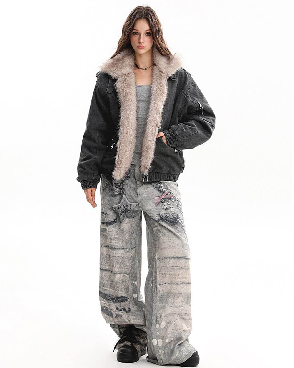 y2k fur trim bomber jacket boogzel clothing