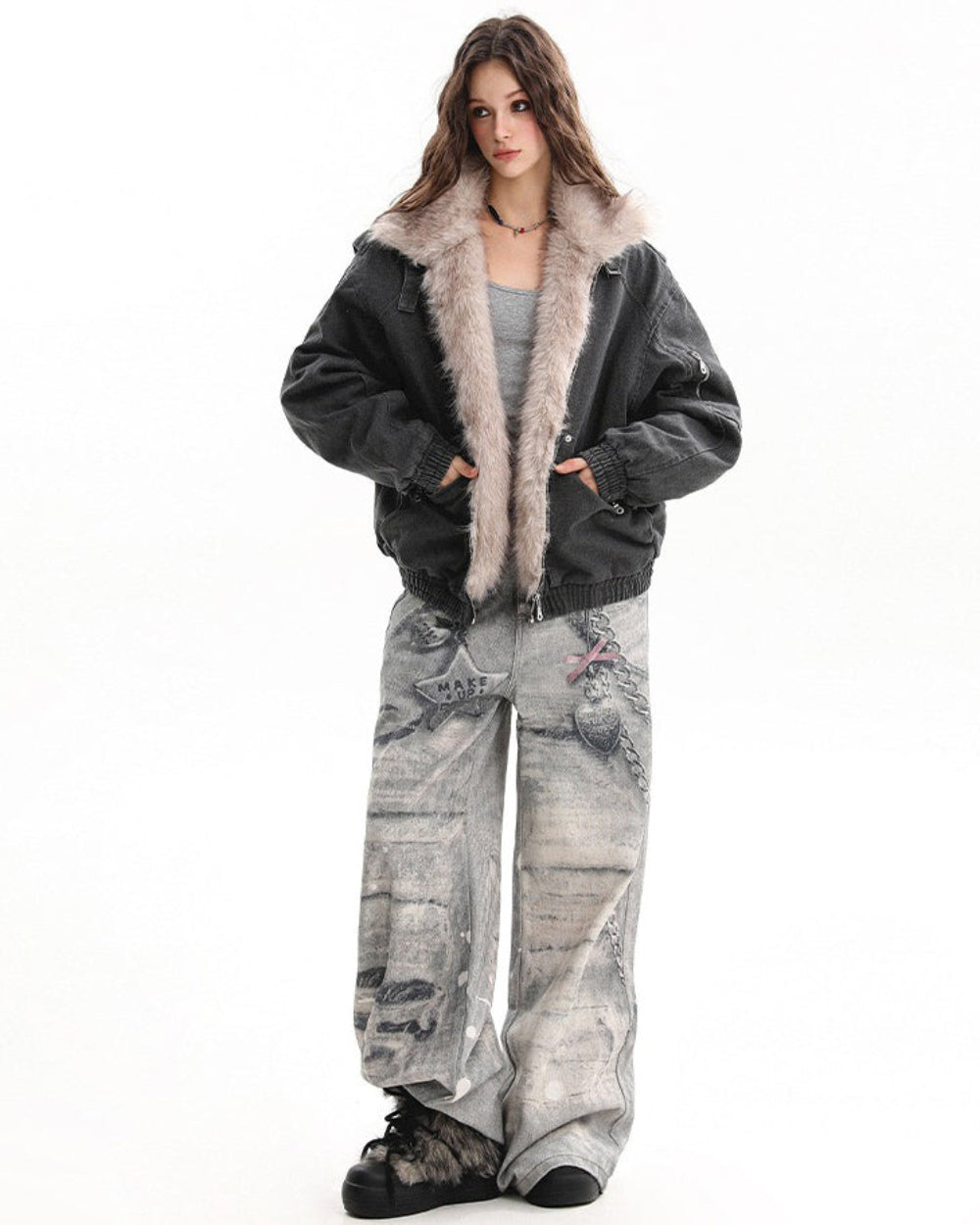 y2k fur trim bomber jacket boogzel clothing