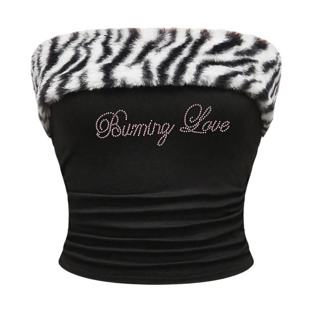 y2k fur trim tube top boogzel clothing