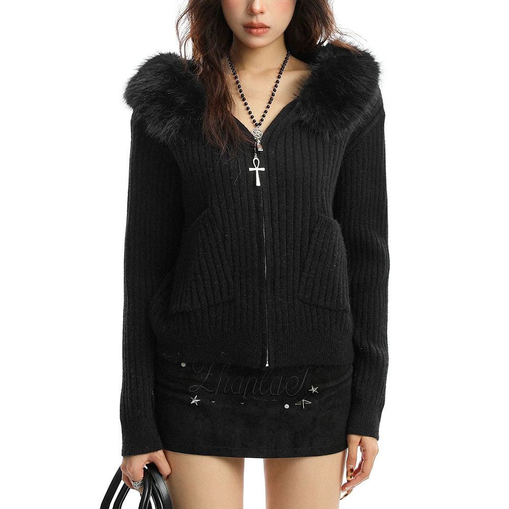 y2k style fur trim zip hoodie boogzel clothing