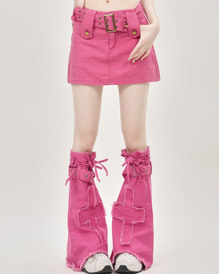 Pink Y2K Denim  Mini Skirt & Leg Warmers Set - Aesthetic Outfits - Boogzel Clothing