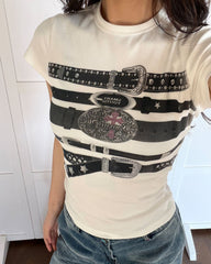 y2k western belt print tee boogzel clothing
