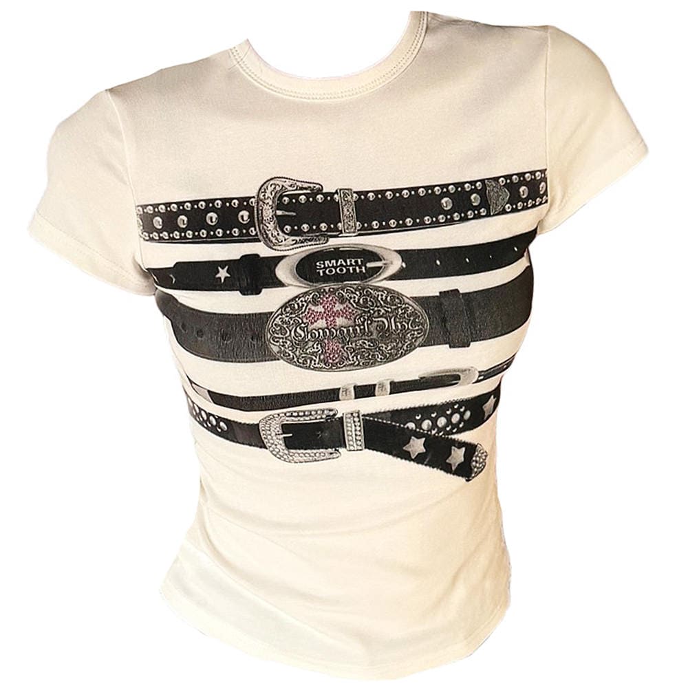 y2k western belt print tee boogzel clothing