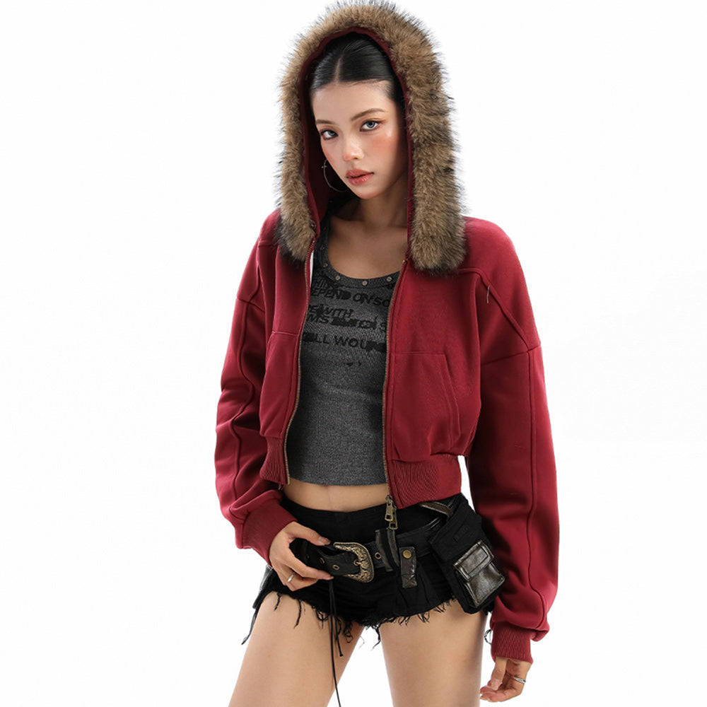 y2k aesthetic cropped fur hoodie boogzel clothing