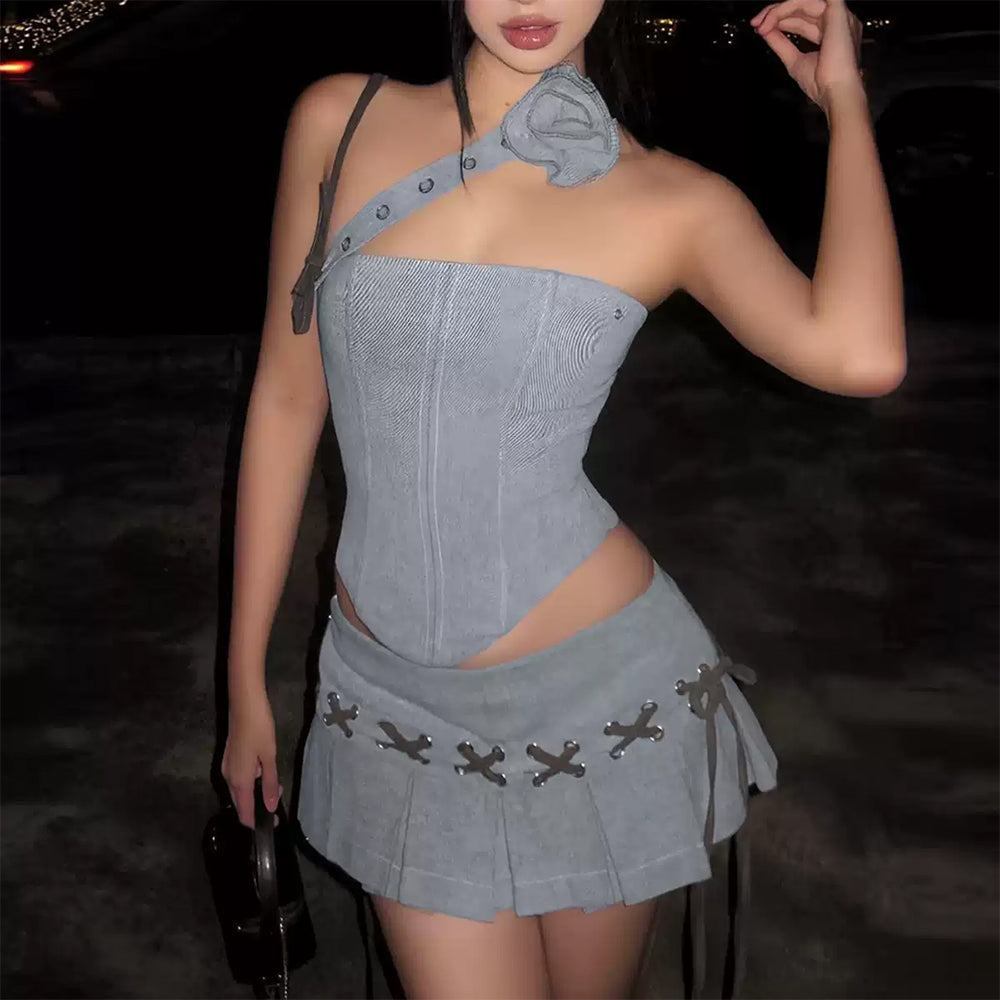 y2k asymmetrical top and pleated mini skirt set boogzel clothing