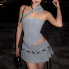 y2k asymmetrical top and pleated mini skirt set boogzel clothing