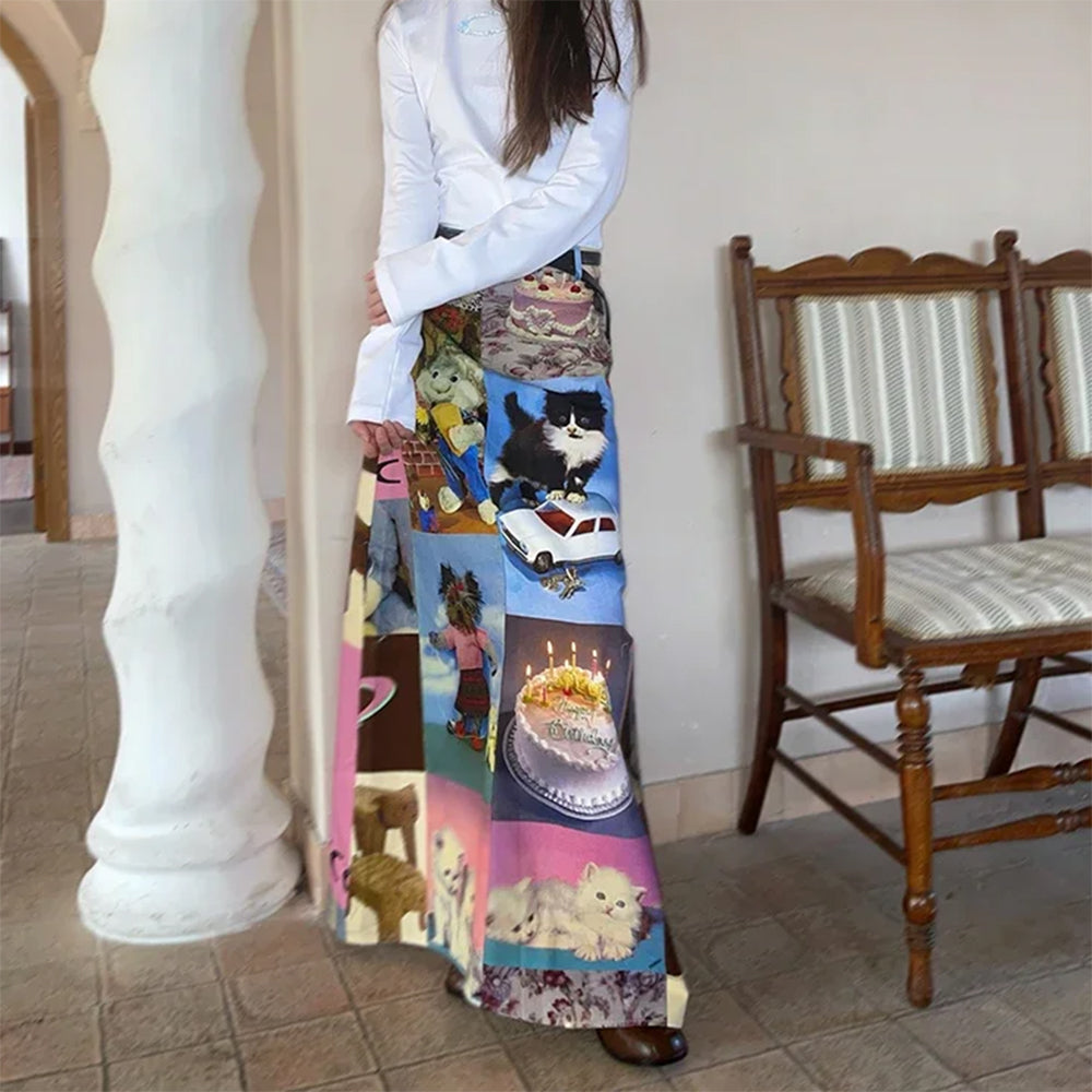 y2k cat collage midi skirt boogzel clothing