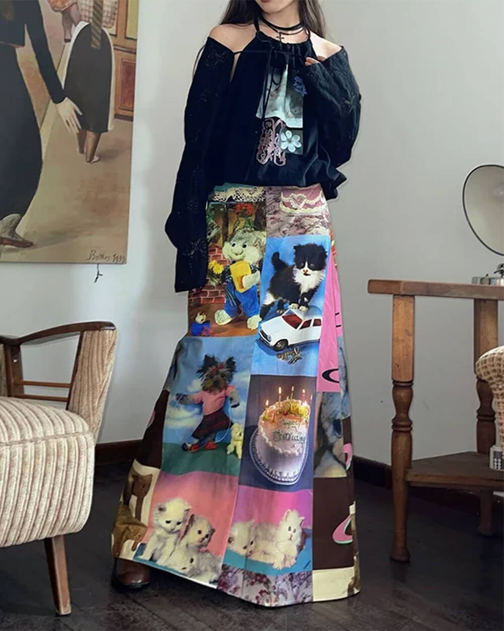 y2k cat collage midi skirt boogzel clothing