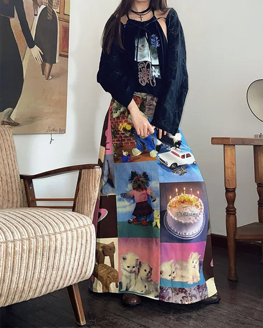y2k cat collage midi skirt boogzel clothing