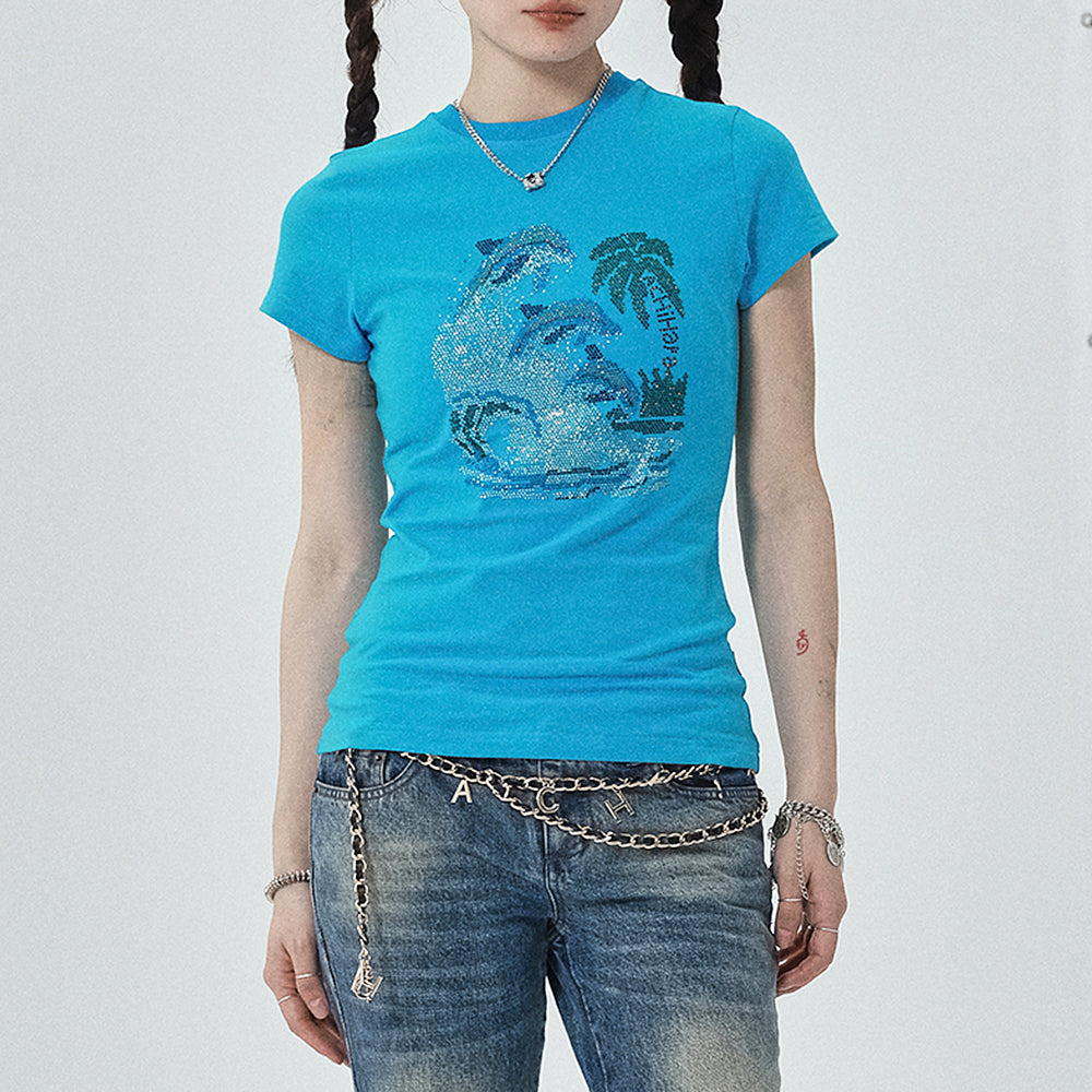 y2k dolphin rhinestone baby tee boogzel clothing