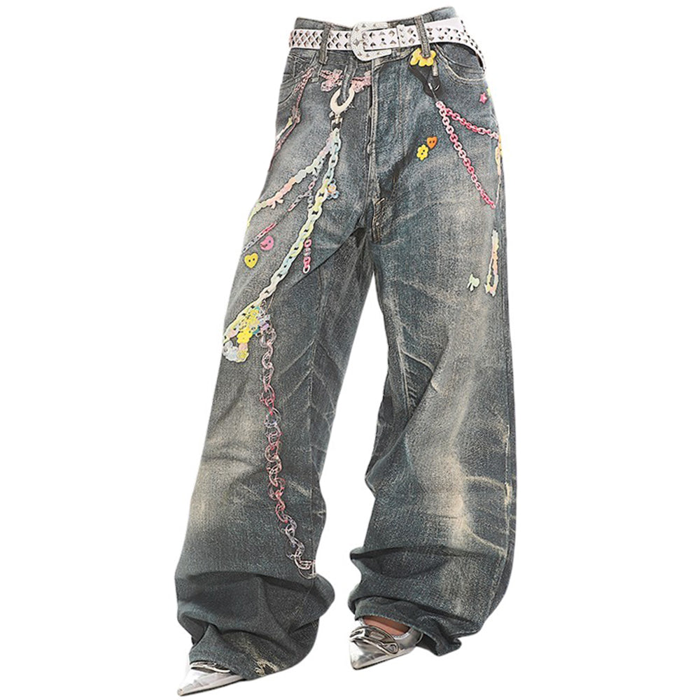 y2k printed chain and charm baggy jeans boogzel clothing