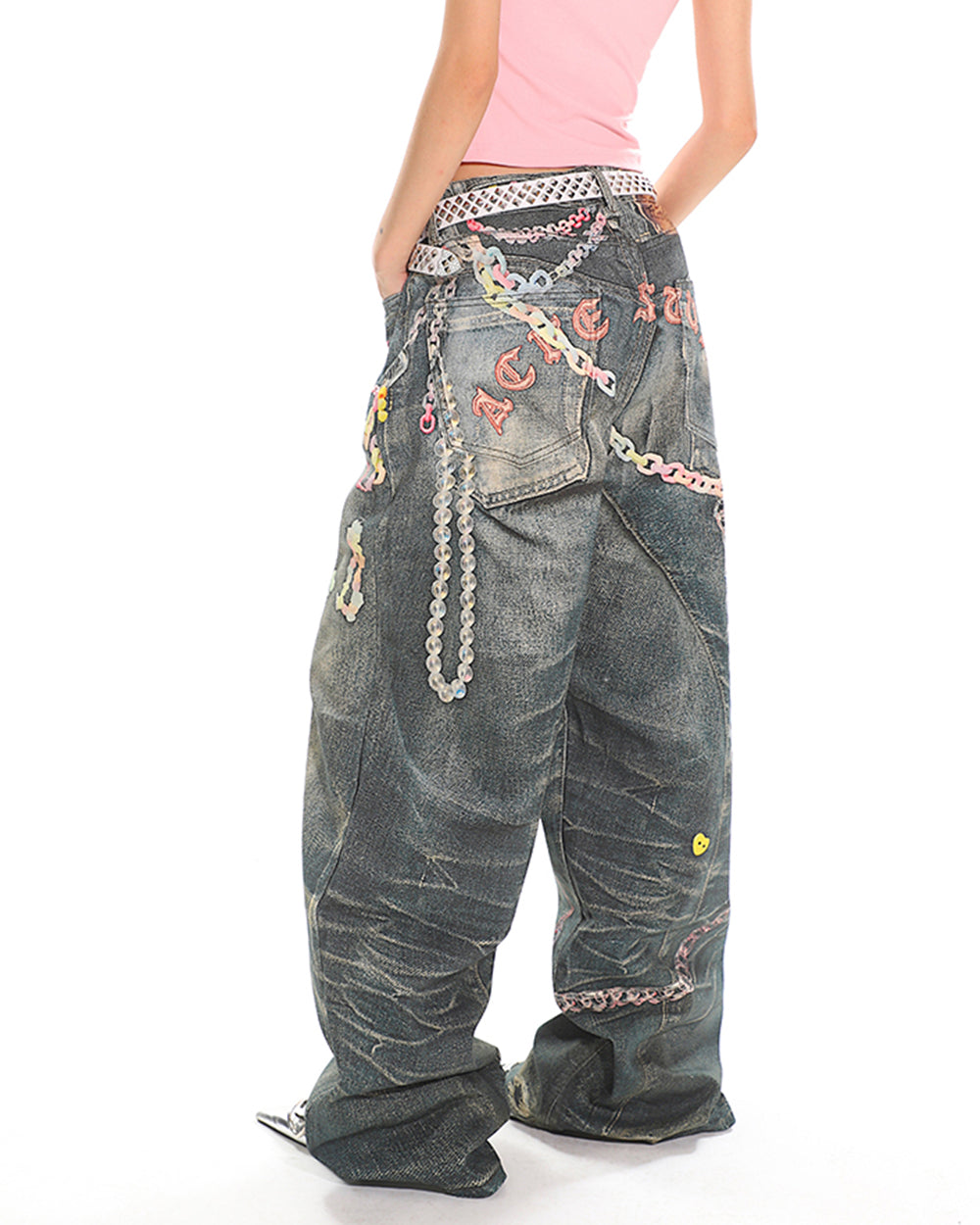 y2k printed chain and charm baggy jeans boogzel clothing