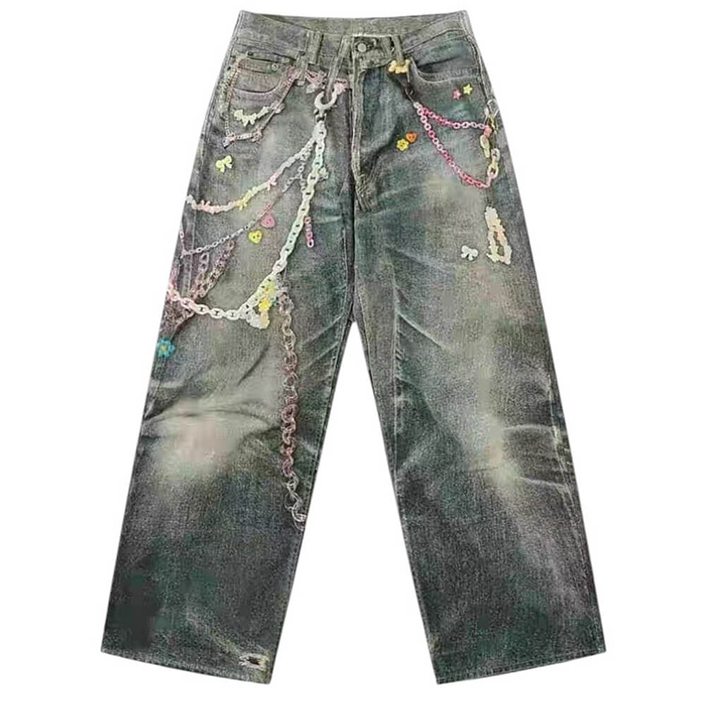 y2k printed chain and charm baggy jeans boogzel clothing