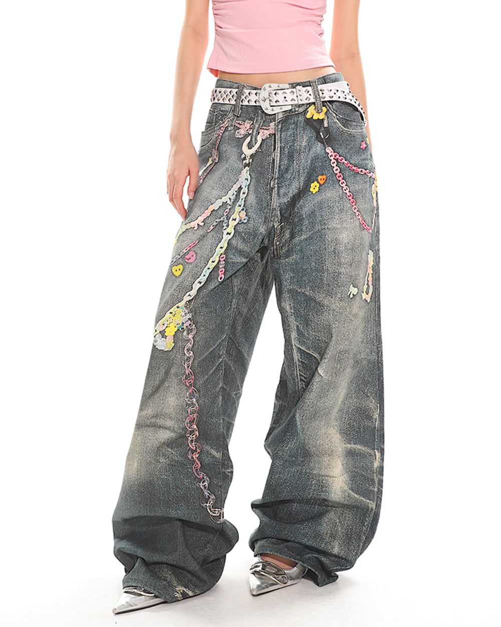 y2k printed chain and charm baggy jeans boogzel clothing