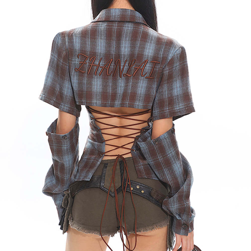 y2k western lace up backless plaid shirt boogzel clothing